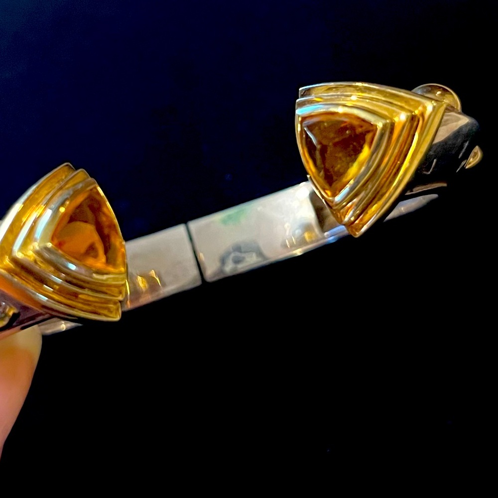 Rare Citrine John Atencio Signed “JA SS 18k” Gold Cuff Hinged Bracelet